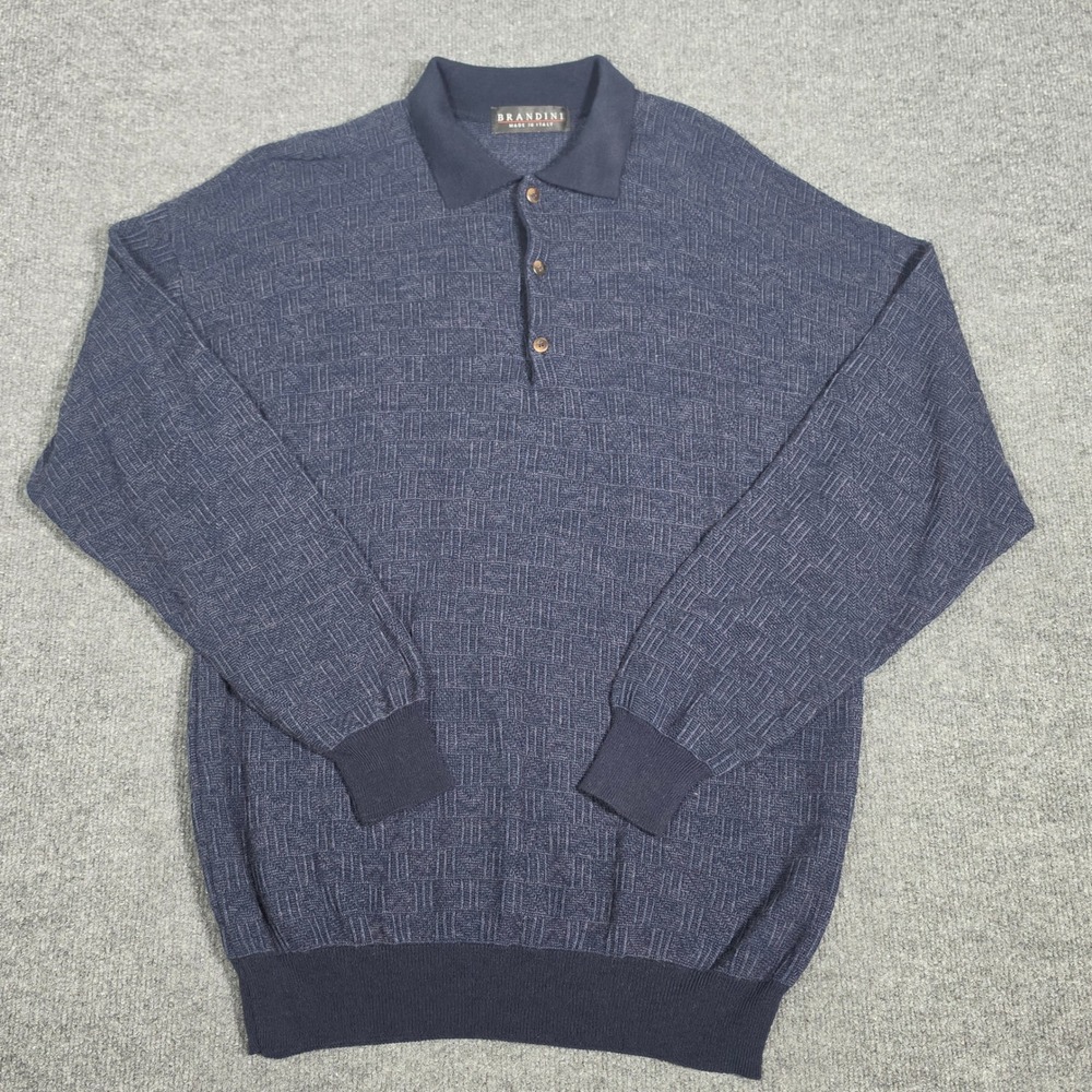 Brandini‎ Mens XL Navy Blue Textured Knit Polo Sweater Made in Italy Wool Blend